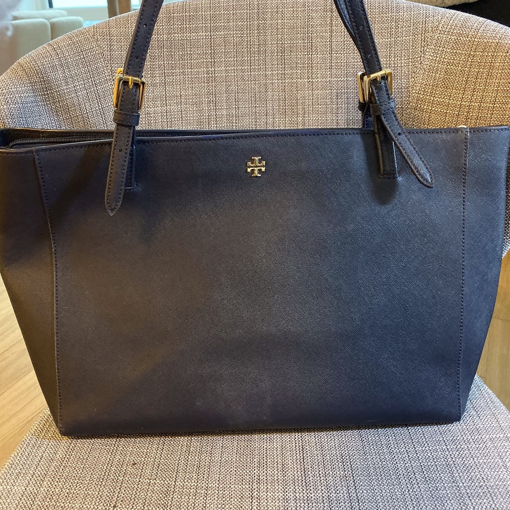 Tory Burch Emerson Large Buckle Navy Leather Tote